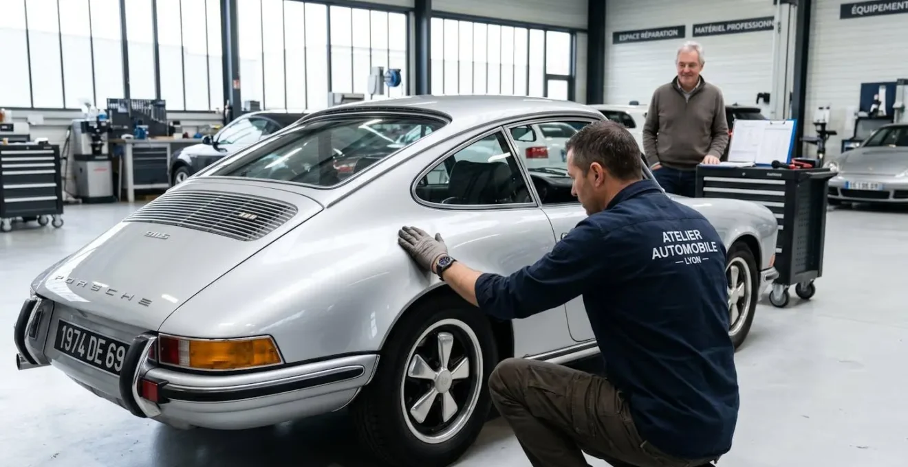 Un expert automobile examine la carrosserie d'une Porsche classique des années 70 dans un atelier contemporain bien éclairé, tandis qu'un propriétaire observe en arrière-plan