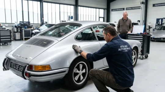Un expert automobile examine la carrosserie d'une Porsche classique des années 70 dans un atelier contemporain bien éclairé, tandis qu'un propriétaire observe en arrière-plan