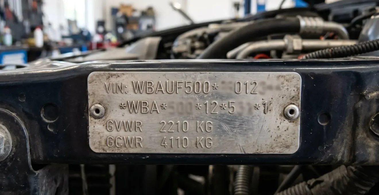 Gros plan sur une plaque de châssis métallique avec numéros de série embossés partiellement visibles, éclairage latéral naturel créant des ombres subtiles