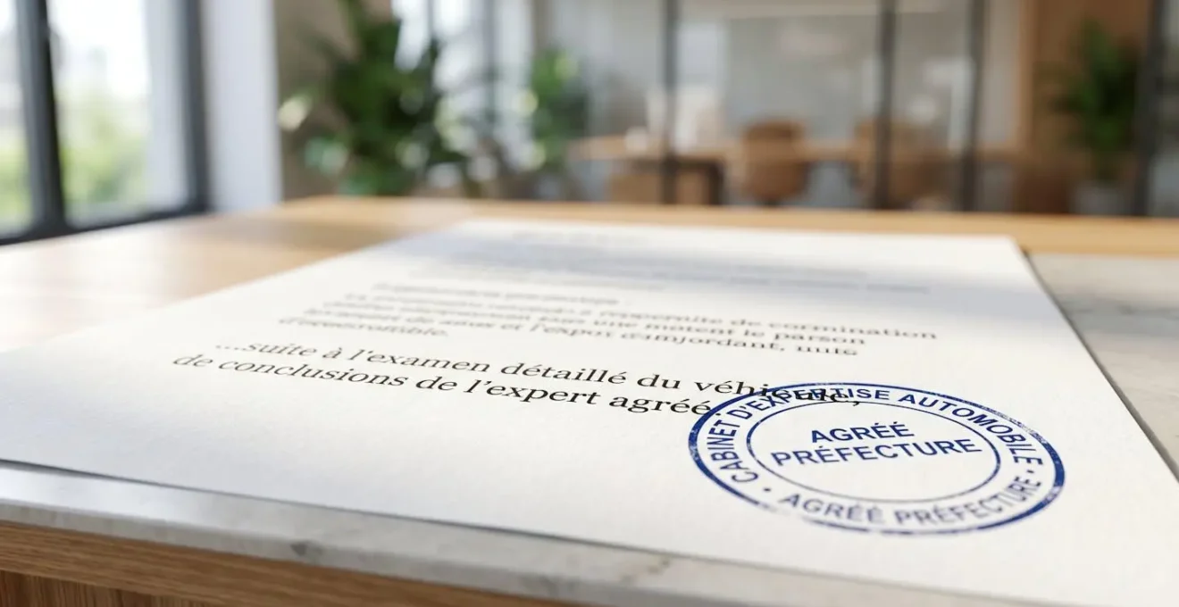Gros plan sur un rapport d'expertise automobile posé sur un bureau contemporain avec un tampon d'expert partiellement visible et la mention d'une valeur estimée